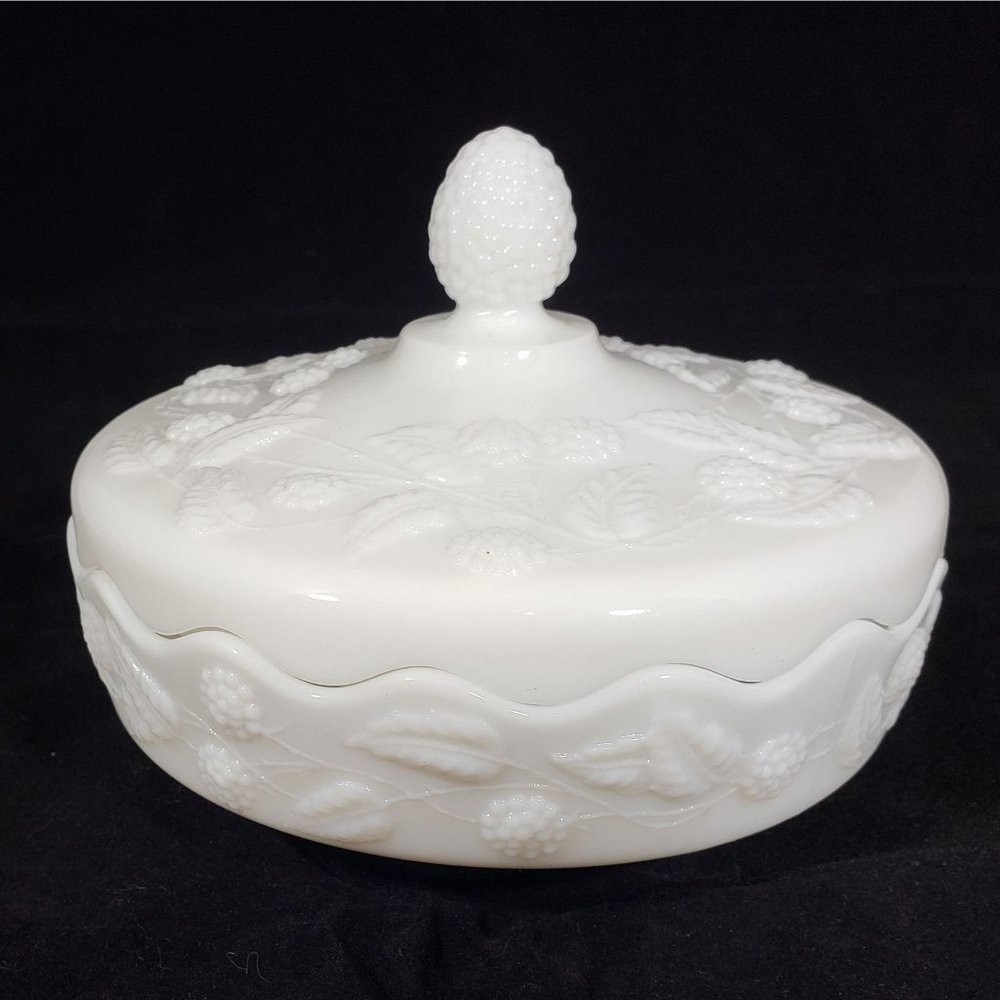 Milk Glass Covered Candy Dish  Fostoria 1960's Berry Vine White Glass